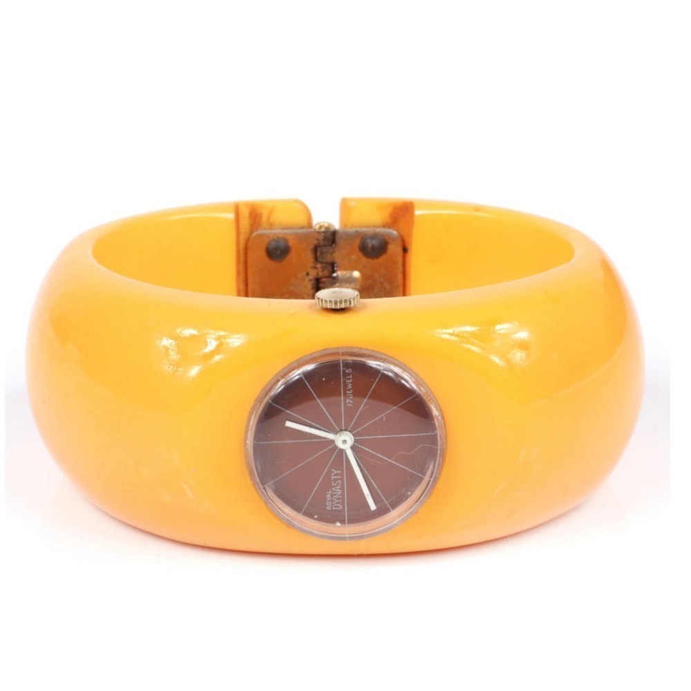 Vintage Butterscotch Royal Dynasty Bakelite Clamper Cuff Bracelet Watch